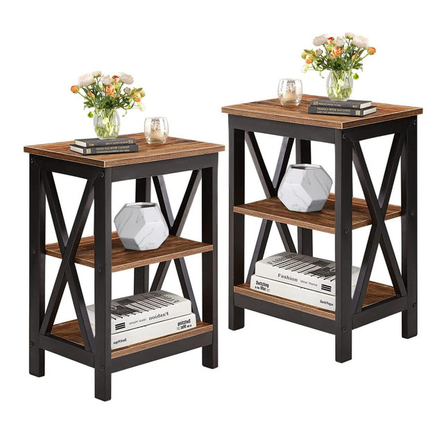 VECELO Set of 2 Nightstands X-Shaped Side End Table with 3-Tier Open Shelves Brown