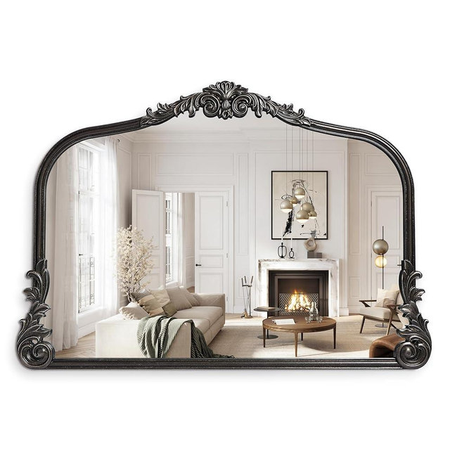 Wylde Iris English Estate Carved Arch Wood Wall Mirror, Mirror for Entryway, Living Room, Bathroom, Distressed Black, 26x37