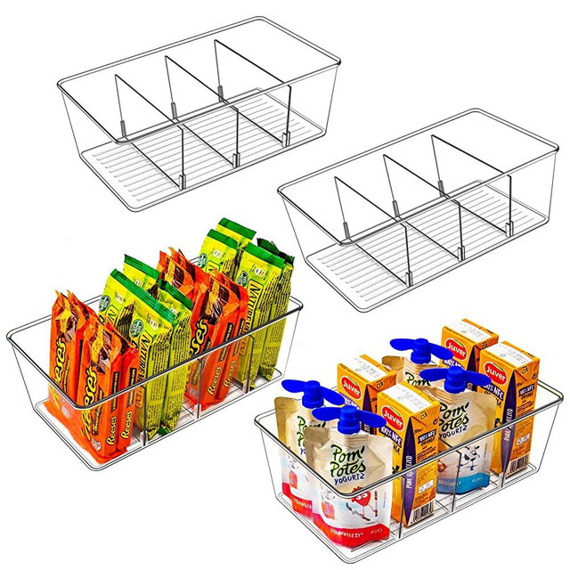 Eooch Home Pantry Organizer - 4 pack Clear Refrigerator Organizer Bins, Pantry Organization and Storage Bins with Dividers - Kitchen Fridge Organizer for Freezers, Kitchen Countertops and Cabinets