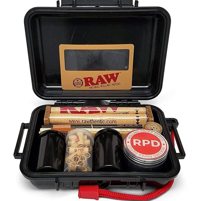 Bundle - 11 Items - Rolling Paper Depot RAW Smoker's Kit - Includes Air Tight Carrying Case, Rolling Papers, Cigarette Maker, Pre Rolled Tips Grinder and More (Black Case - with Pre-Rolled Tips)