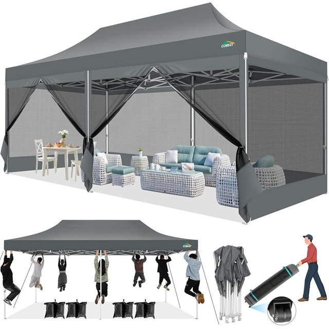 COBIZI 10x20 Canopy Tent with 6 Sidewalls,Heavy Duty Pop up Canopy with Mosquito Netting,Easy up Screen Tent for Parties Wedding Outdoor Patio with Roller Bag,Gray