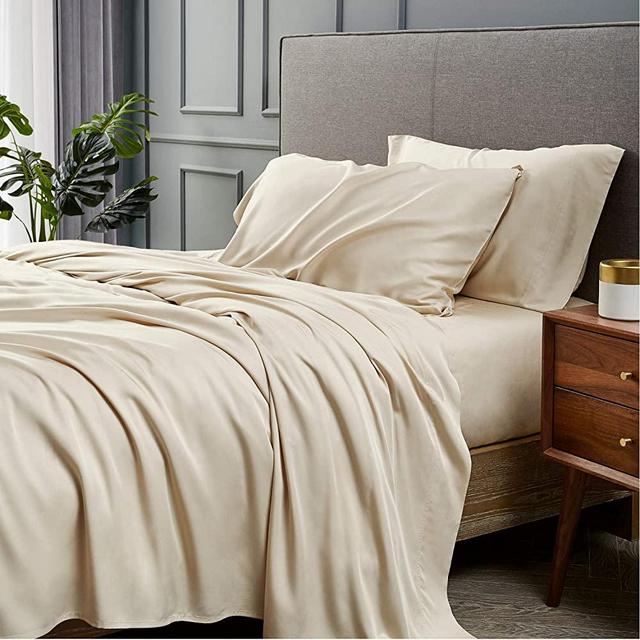 Bedsure 100% Bamboo Sheets King Size Cooling Sheets Deep Pocket Bed Sheets-Super Soft Hypoallergenic,Breathable - 4 Pieces 1 Fitted Sheet with 16 Inches, 1 Flat Sheet, 2 Pillowcases-Beige