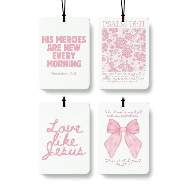 FISWAFY Pink Christian Car Air Freshener 4 Pcs, Girly Pink Bow Floral Religious Hanging Air Freshener for Cars Closet Drawer Books, Cute Preppy Christian Car Accessories Mirror Decor for Women