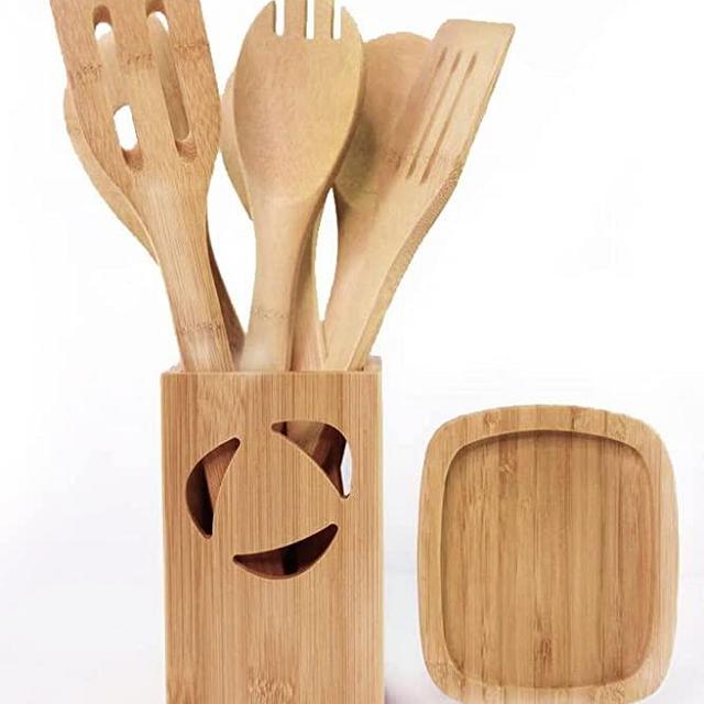 REHAU Bamboo Kitchen Cooking Utensil Set, 8 pcs, Bamboo wooden spoons for cooking & wooden spatula with holder and spoon rest cookware bamboo utensils set, wood spoons, wood utensils set for cooking