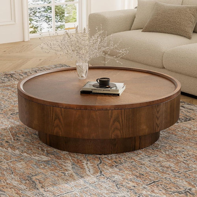 39.4'' Round Coffee Table with Hidden Storage, Modern Drum Coffee Tables with Solid Wood Veneer, Wooden Circle Center Table for Living Room, Small Spaces, and Apartments, Easy Assembly
