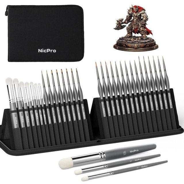 Nicpro Miniature Paint Brushes Dry Brush - 30 PCS Model Paint Brush Set with Nylon Case for Acrylic, Oil, Watercolor, Detail Paint Brush Drybrush for Model, Miniature Painting, Paint by Numbers, Craft