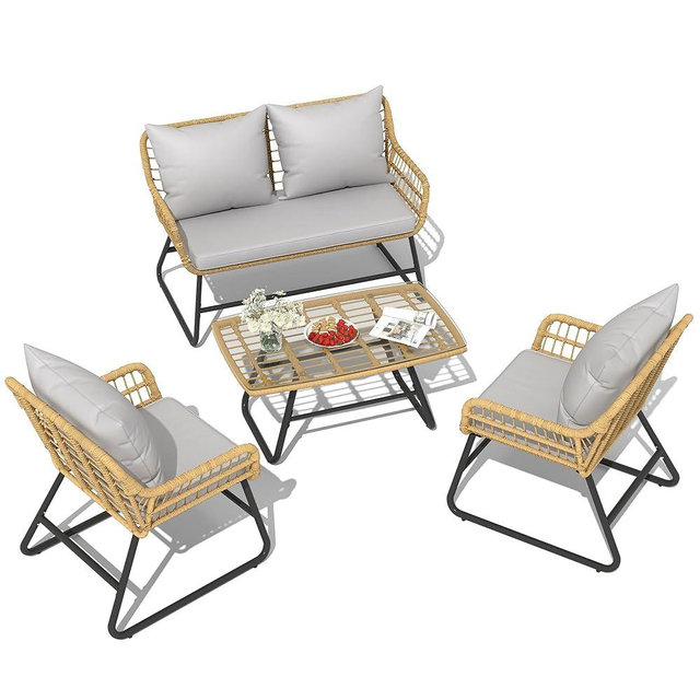 YITAHOME Outdoor Conversation Set 4 Piece, Outdoor Wicker Bistro Set with Removable Cushion, Rattan Patio Loveseat Sets for Garden, Backyard, and Deck,Armchairs, Glass Side Table, Light Gray & Beige