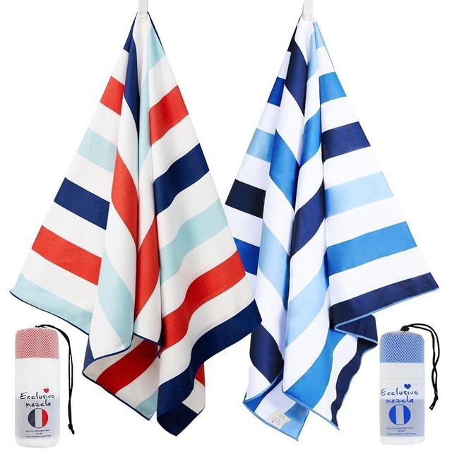 Exclusivo Mezcla 2 Pack Microfiber Quick Dry Beach Towels, Oversized Lightweight Sandfree Pool Towels for Swimming Camping Travel with Bagn (Blue and Navy, 35x70 Inches)