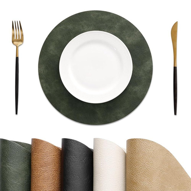 MOSAYT 13 Inch Round Vinyl Placemats Set of 6 - Faux Leather 100% Waterproof Oil-Proof Wipeable PU Place Mats, Heat Resistant Reversible Table Mats for Kitchen, Dining, Outdoor (Olive Green)