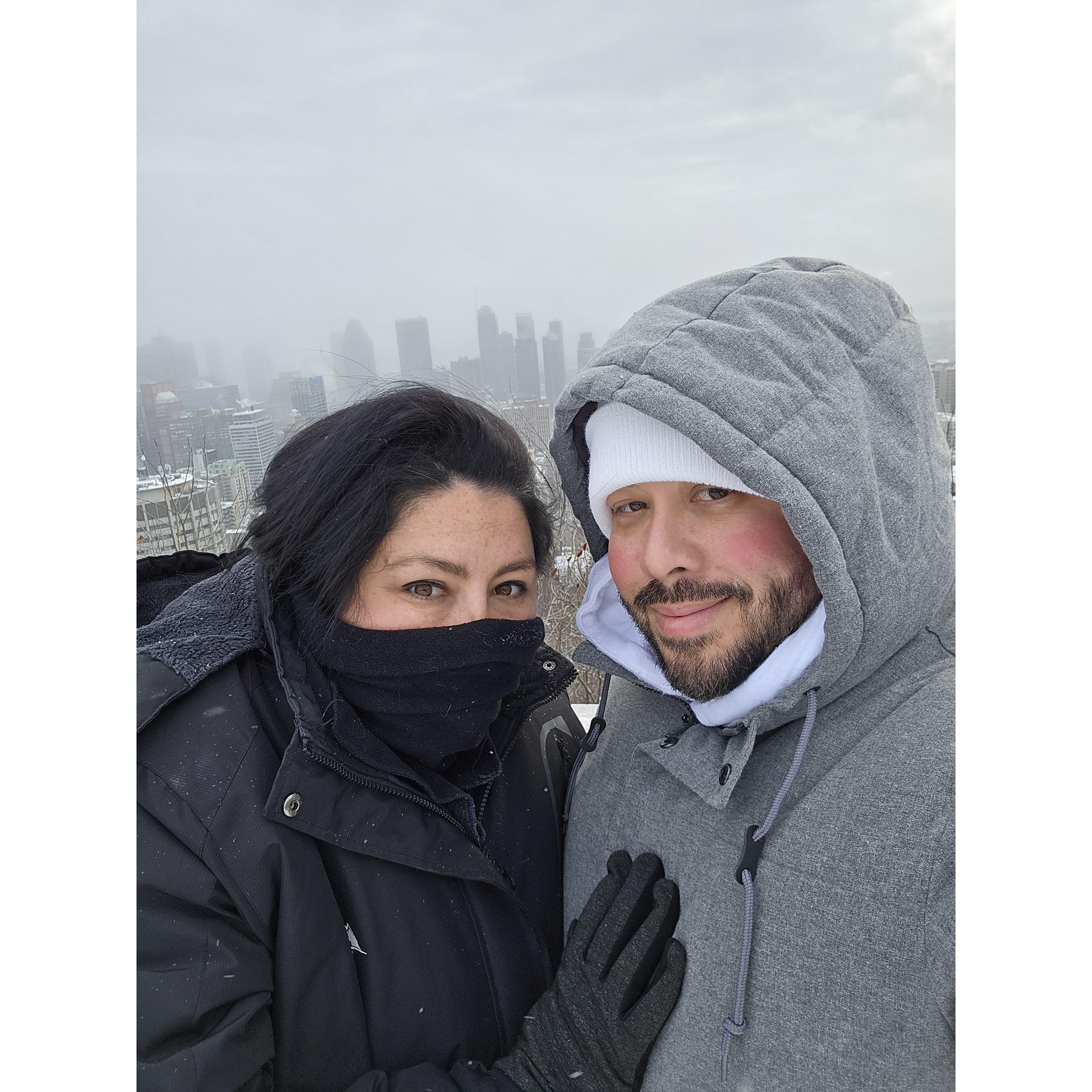 In snowy cold Montreal Canada overlooking the city one foggy morning. Christmas 2024