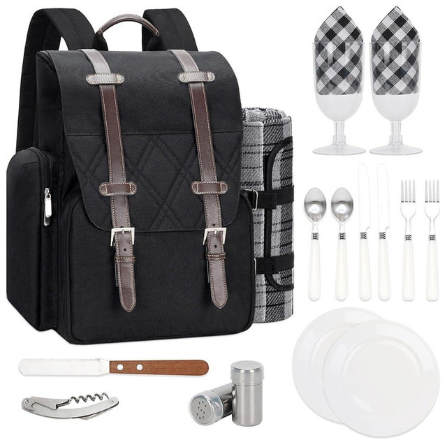 Picnic Backpack for 2 Person with Large Insulated Cooler Bag, Picnic Basket Set with Wine Pouch, Waterproof Picnic Blanket & Cutlery Set. Perfect for Camping, Party,Wedding Gift for Couple.2P-Black