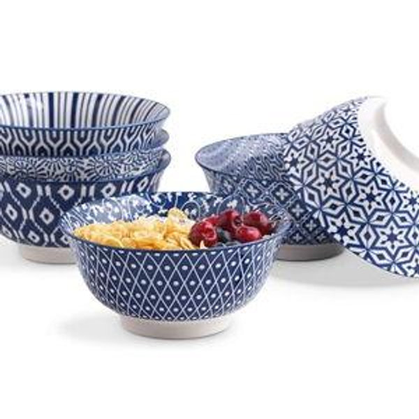 Selamica Porcelain 11oz Ice Cream Bowls Set of 6, Small Bowls, Ceramic bowls for Dessert, Ice Cream, Vintage Blue