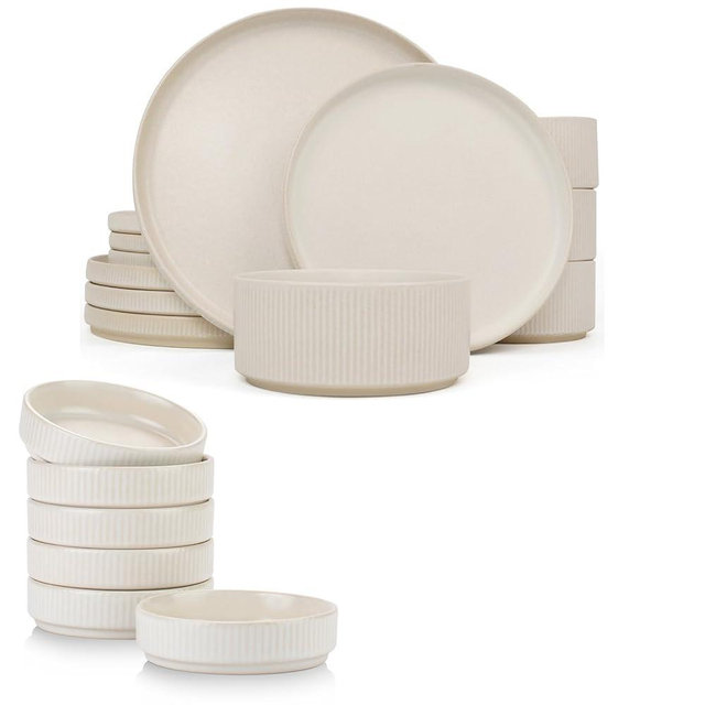 Famiware Dinnerware Set for 4 (12 Piece) and 4oz Dipping Bowl Set (6 Piece) - Star Stoneware Dishes - Matte White
