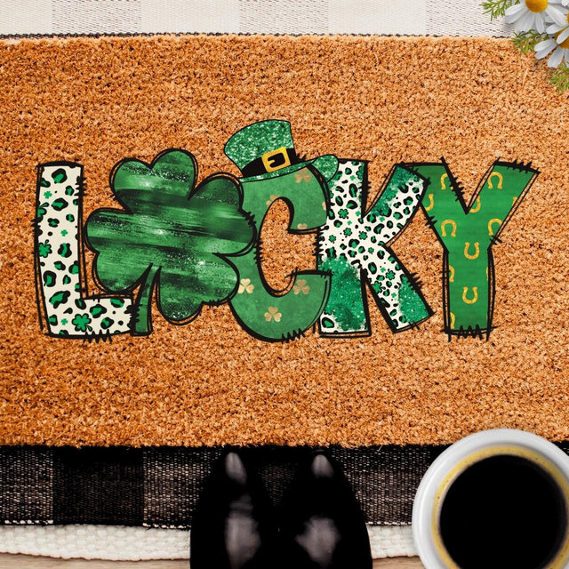 Lucky St Patrick's Day Doormat, St Patricks Day Decor, St Paddy's Welcome Mat, Leprechaun Hat, Shamrock, Retro St Patricks Porch Decor