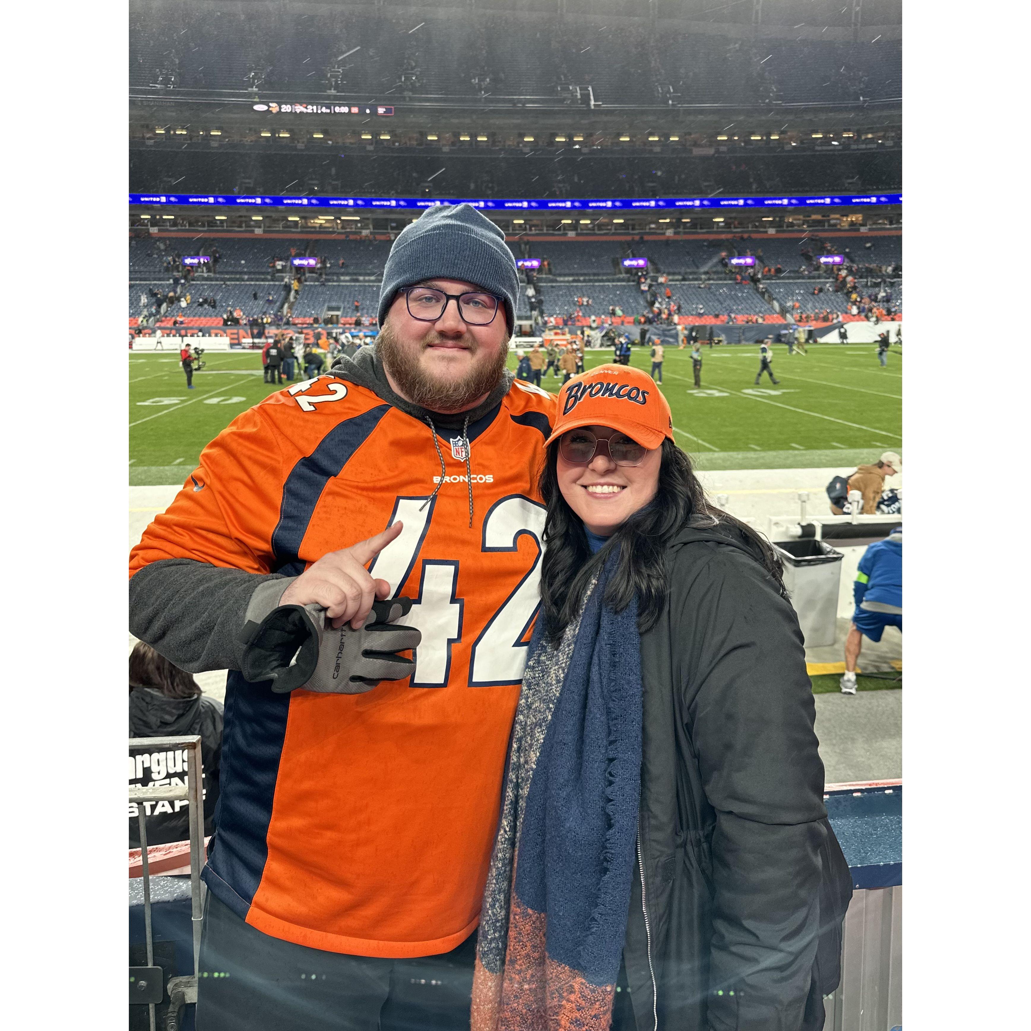 Took David to his first Broncos game, sitting front row in the family seats. He was repping a former OU players jersey and got plenty of looks from people thinking that he should be on the field.