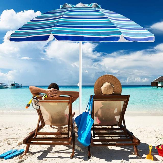 Aclumsy 7' Portable Beach Umbrella with Tilt and Silver Coating Inside, Air Vent Parasol Sun Shelter, Carry Bag Included (Dark Blue/Green/White Stripe)