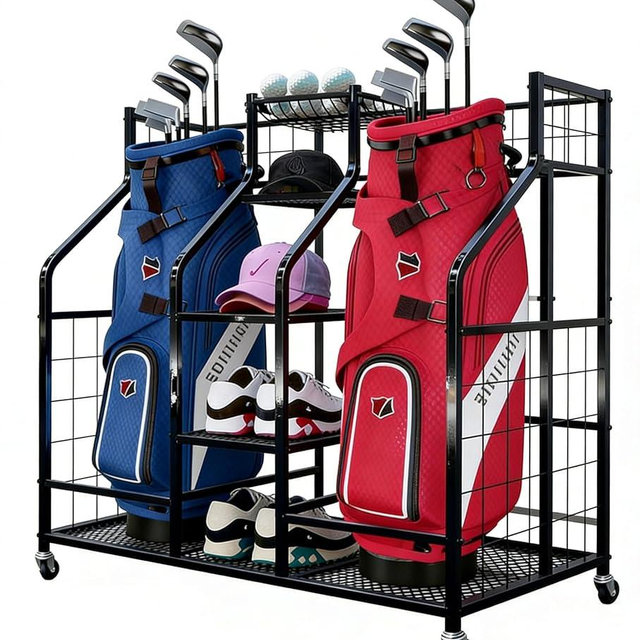 Golf Bag Storage Organizer Stand with Wheels - Heavy Duty Steel Rack Holds 2 Golf Bags with Central Storage Shelf for Golf Balls, Shoes & Accessories, Space Saving Garage Golf Club Equipment Holder