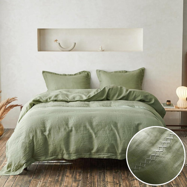 Simple&Opulence 100% Linen Duvet Cover Set with Crossed Embroidery Washed - 3 Pieces (1 Duvet Cover with 2 Pillow Shams) Soft Breathable Farmhouse - Sage Green, Queen Size