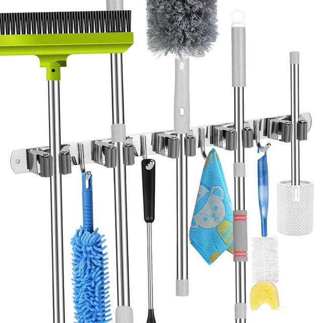 voze 5 Racks and 4 Hooks Mop and Broom Holder Wall Mount, Self Adhesive Heavy Duty Broom Organizer Storage Tool Racks for Kitchen Garden Laundry Garage