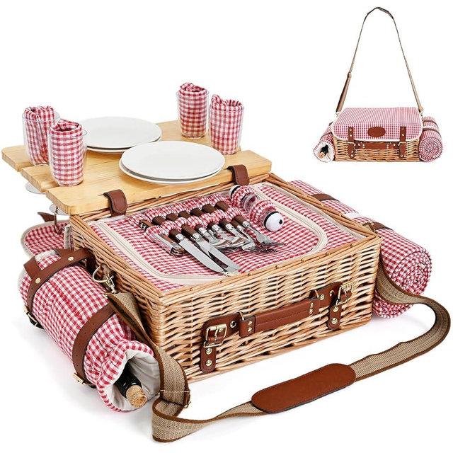 Multifunctional Wicker Picnic Basket Set for 4 with Blanket and Picnic Table, Insulated Picnic Set with Full Tablewares for Camping Outdoor Couples, Gingham