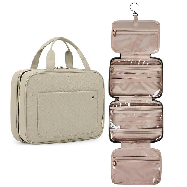 BAGSMART Toiletry Bag Travel Bag with Hanging Hook, Water-resistant Makeup Cosmetic Bag Travel Organizer for Accessories, Shampoo, Full-size Container, Toiletries (Camel, Medium)