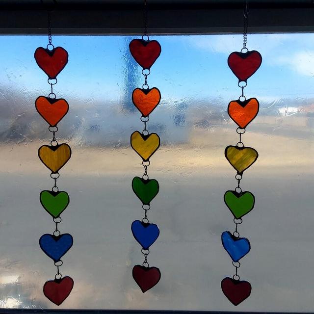 stained glass rainbow hearts suncatcher. stunning window hanging, unique decorative unique window art, full blues and pinks available also