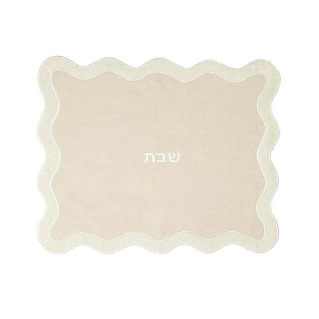 TOV Taupe Linen and Vegan-Leather Wavy 20" x 16" Challah Cover - Judaica Tabletop