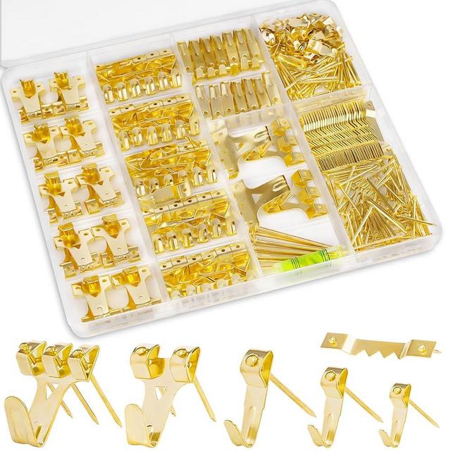 KURUI Picture Hangers, 385Pcs Picture Hanging Kit with Heavy Duty Picture Hanging Hooks, Sawtooth, Hardware Nails and Picture Hanging Tool, Wall Hangers for Frame, Painting, Art, Photo (Gold)