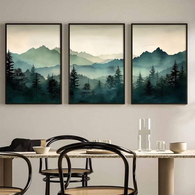 Mountain Wall Art Decor Set of 3 Sage Green Forest Canvas Wall Art Prints Nature Landscape Wall Decor Watercolor Pine Tree Pictures Abstract Modern Painting for Living Room Bedroom 24x36 Inch Unframed