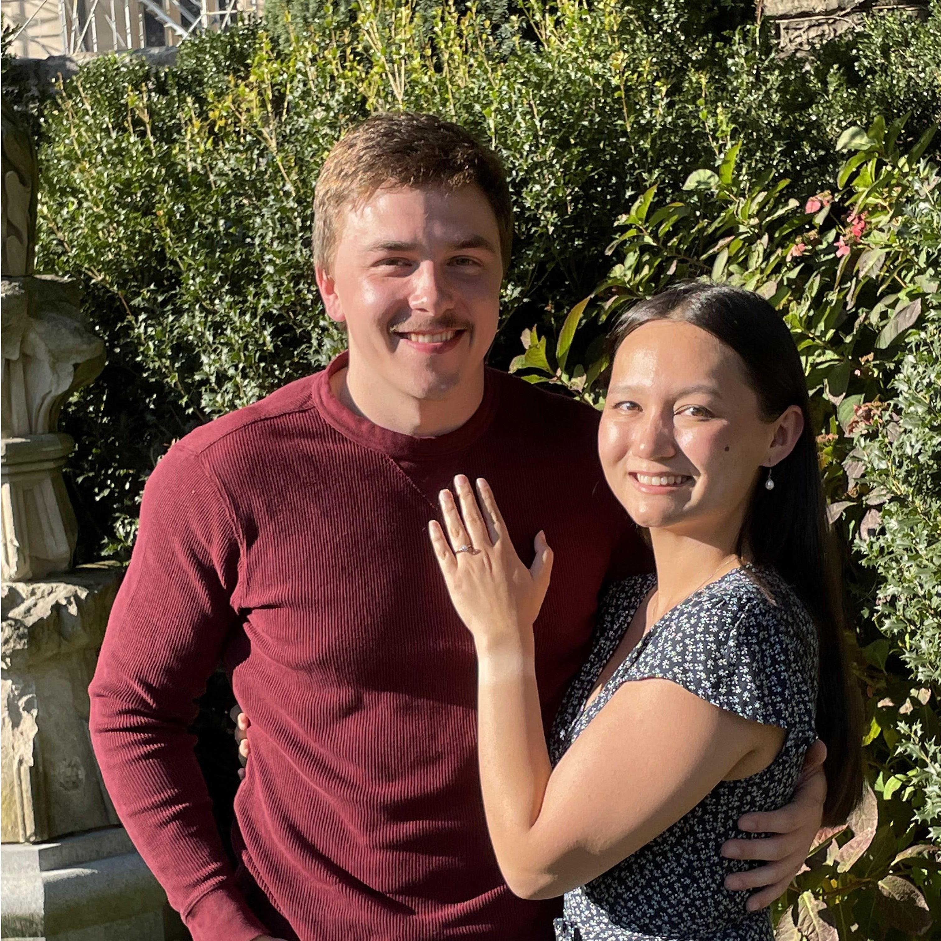 Andrew proposed in the Bishop's Garden of Washington National Cathedral on 10/22/22 (Eva's 24th birthday).