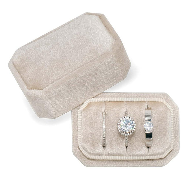 Beatilog Octagonal Rectangle Velvet Ring Box 3 Slots - Premium Handmade Wedding Three Rings Bearer Holder Vintage Orthogon Jewelry Storage for Ceremony Proposal Engagement (Beige)