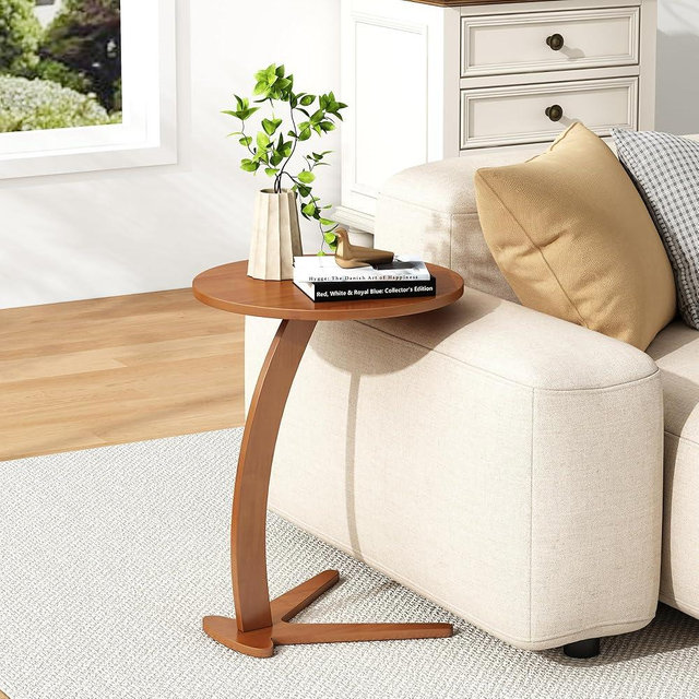 C Shaped End Table, Small Round Side Table for Couch, Slide Under Sofa Tray Desk for Living Room Bedroom, Solid Wood TV Tray Table for Narrow Space (15” Medium)