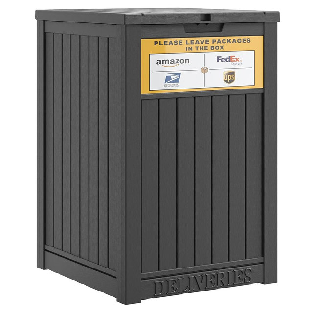GULAIMOAO Package Delivery Box for Outside with Sign, Secure Lockable Waterproof Package Delivery Container, Resin Deck Box for Porch & Garden, Classic Black