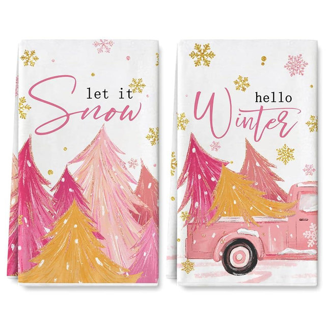 AnyDesign Pink Christmas Kitchen Towels 18 x 28 Inch Pink Xmas Tree Dishcloth Seasonal Winter Snowflake Hand Drying Tea Towel for Cooking Baking Cleaning Wiping, 2Pcs