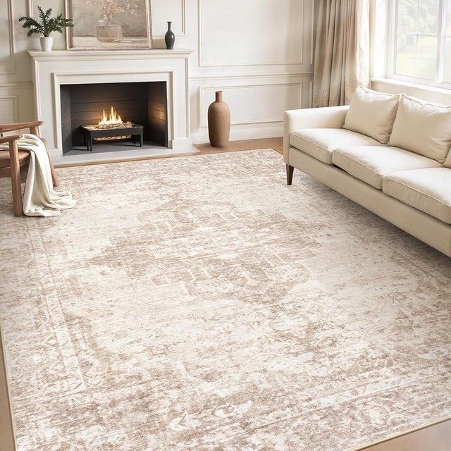 Area Rugs 9x12 Living Room: Large Vintage Living Room Rug with Non-Slip Backing Low Pile Rugs Soft Indoor Floor Thin Carpet Neutral Carpets for Bedroom Dining Room Farmhouse Nursery Brown/Cream