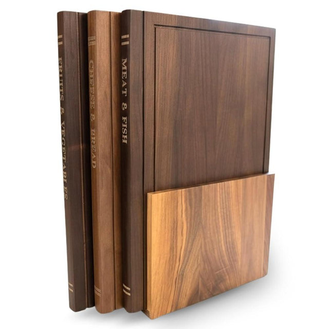 PEGSORIX The Cutting Board Library™ | Original Design North American Walnut Wood Decorative Kitchen Display Boards (Set of 3) with Stand | Premium Countertop Serving & Styling Collection