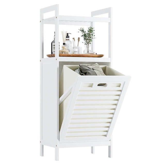 HITNET Bamboo Tilt Out Hamper, Bathroom Laundry Cabinet with Hidden Foldable Basket, Freestanding Clothes Storage Organizer with Storage Shelf, White