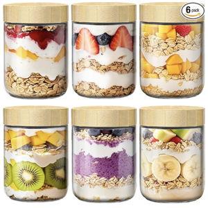 6 Pack 16oz Overnight Oats Containers with Bamboo Lids, Glass Jars with Airtight Lids for Meal Prep, Wide Mouth Mason Salad Jars, Glass Food Storage Container for Yogurt Chia Snacks Spice Sugar