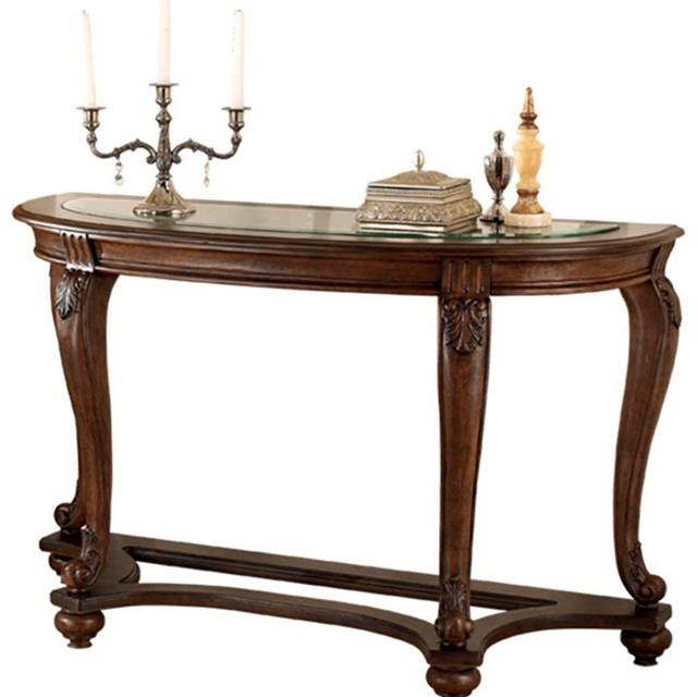 Signature Design by Ashley - Norcastle Traditional Glass Top Semi-Circle Sofa Table, Dark Brown