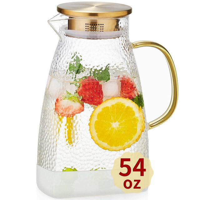 Unbreakable - 1600ml/54fl oz Glass Pitcher with Lid & Anti-Slip Pad for Fridge Side Door, Heat-Resistant Borosilicate Glass Carafe for Tea, Juice, Milk, Cold Hot Beverages, Stovetop Safe