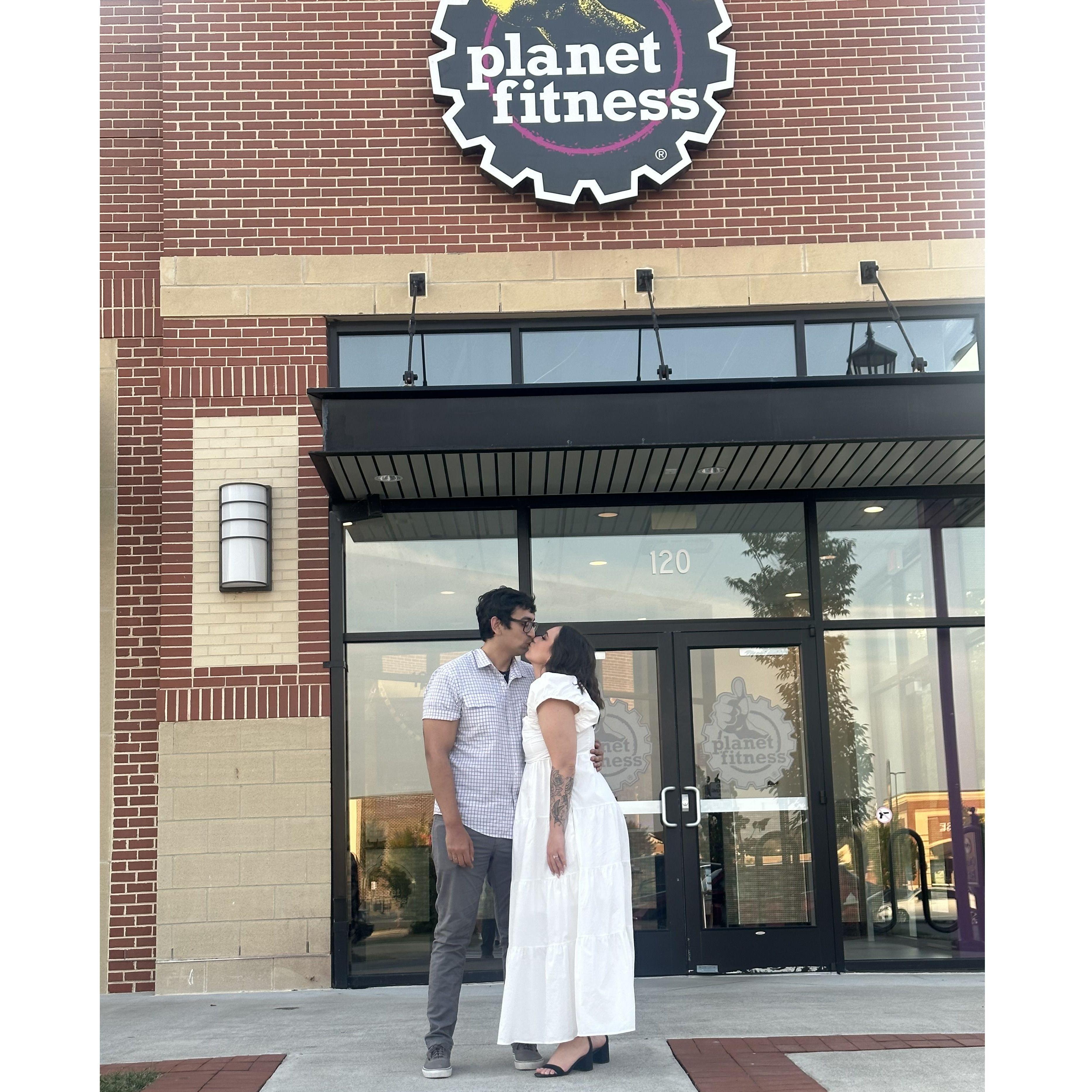 We decided to take some engagement pictures in front of the Planet Fitness where it all began.