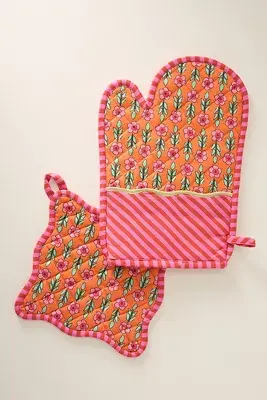 Furbish Studio Block Print Oven Mitt & Pot Holder Set