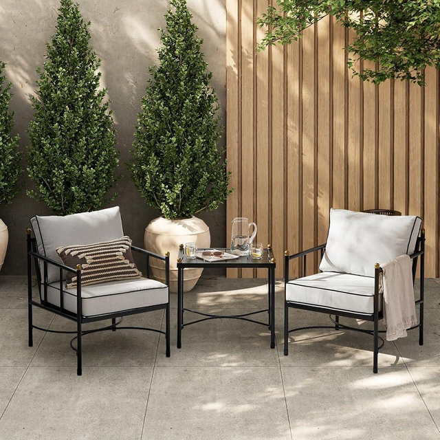 mopio Odelia 3 Piece Outdoor Furniture Set, Bistro Table and Chairs Set of 2, Premium Metal Patio Conversation Set, for Balcony, Small Apartments, Porch, Backyard, Patio Chairs Set of 2, Coffee Table