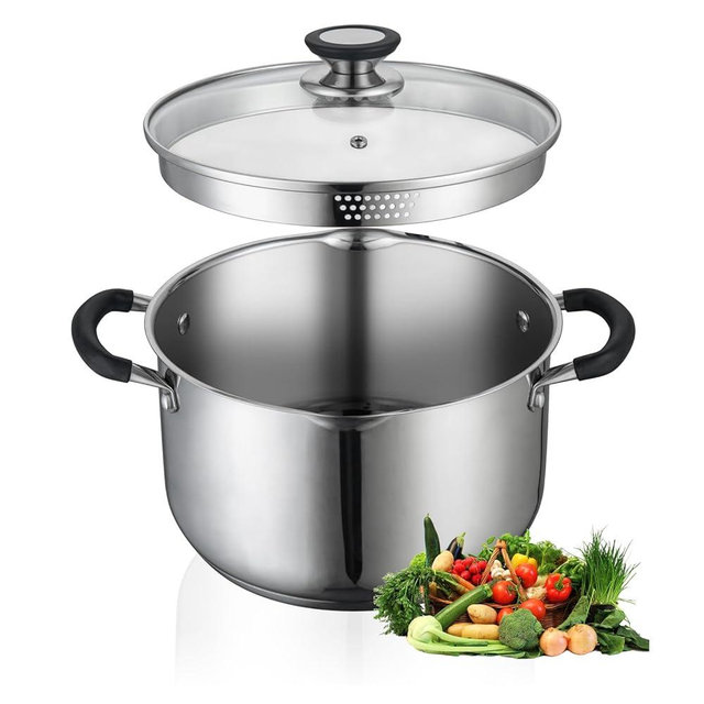 SLOTTET 6 Quart Stainless Steel Stock Pot with Strainer Glass Lid,6 Qt Soup Pot Multipurpose Stockpot with Pour Spout,Stay-cool silicone Handle.
