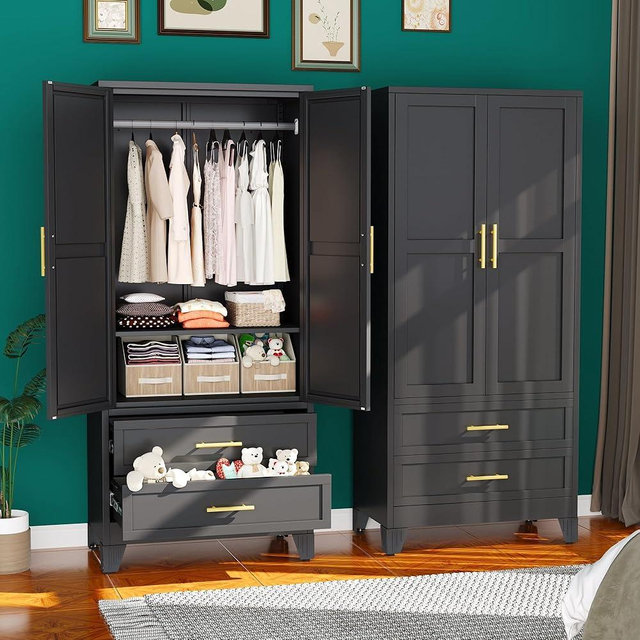 erosoei Metal Armoire Wardrobe Closet, 71 "Metal Clothing Storage Cabinet with Adjustable Shelves and Hanging Rod, Household Steel Wardrobe Storage Cabinet with Drawers (Armoire-Black)
