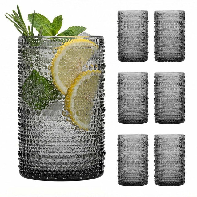 Moretoes Vintage Hobnail Drinking Glasses Set of 6, 15oz Highball Glass Cups, Kitchen Drinkware Glassware,Embossed Water Tumbler,for Beer,Cocktail,Whiskey,Juice and Various Mixed Drinks(Gray)