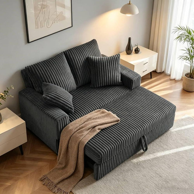 UNUQLIVCO 3 in 1 Convertible Sofa Bed，52.8" Pull Out Couch with Side Pockets，Modern Corduroy Fabric Loveseat Sleeper Sofa with Adjustable Backrest for Living Room Bedroom Apartment (Gray Corduroy)