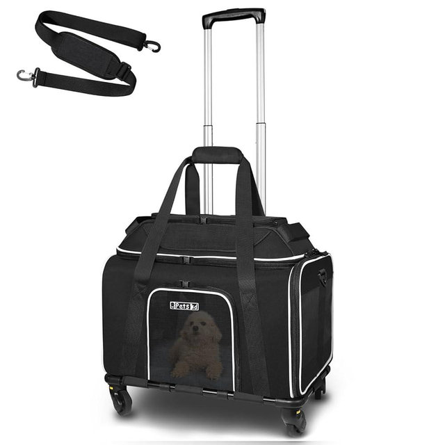 Petskd Top-Expandable Pet Carrier with Wheels 18x11x11 Inches Delta American United Airline Approved, Soft-Sided Carrier for Small Cats Dogs with Locking Safety Zippers and Anti-Scratch Mesh(Black)