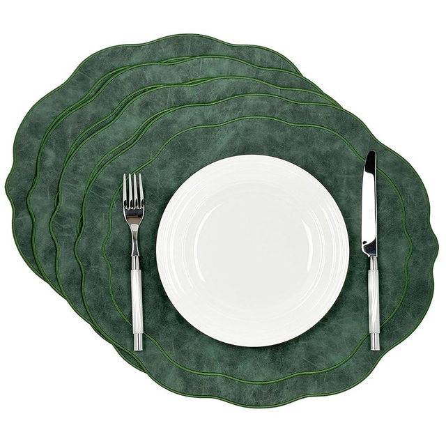 Bryonia Embroidered Scalloped Faux Leather Placemats Set of 4 - Wipeable Luxury Dinner Table Mats for Spring, Summer Dining & Kitchen Decor, 17.25" x 15", Green
