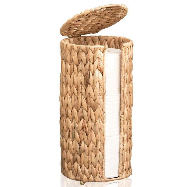 ELONG HOME Toilet Paper Storage Holder, Natural Water Hyacinth Wicker Toilet Paper Storage for 3 Rolls, Toilet Paper Basket with Lid